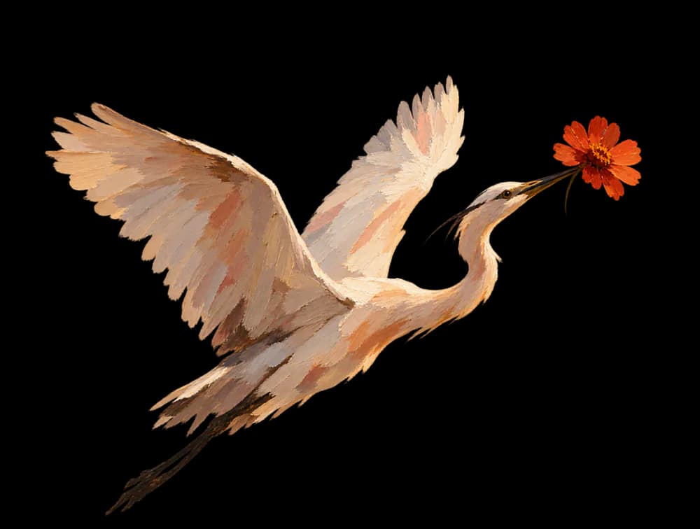 A heron in flight over the rock, a bright orange flower in its beak.