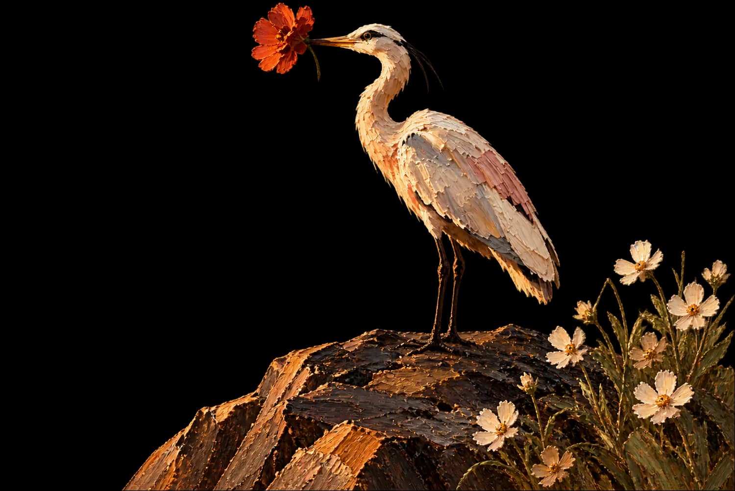The heron on the rock at sunrise, a bright orange flower in its beak.