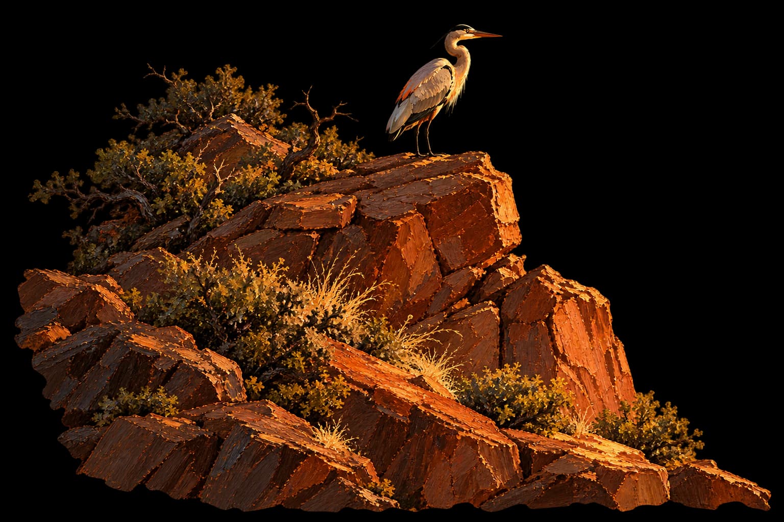 A lone heron standing on the highest rock, looking out over everything below