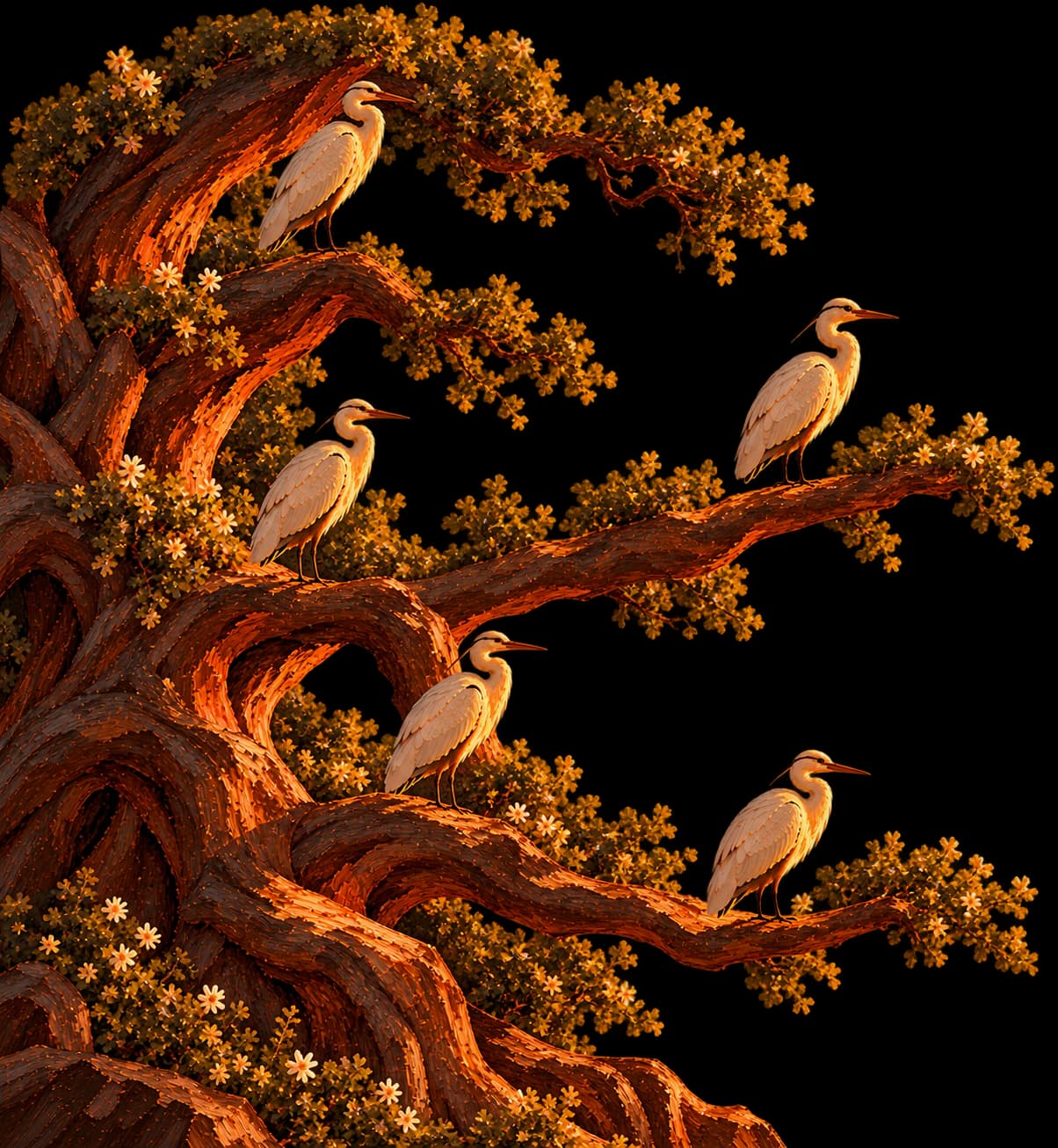 An old tree with five herons perched along its branches